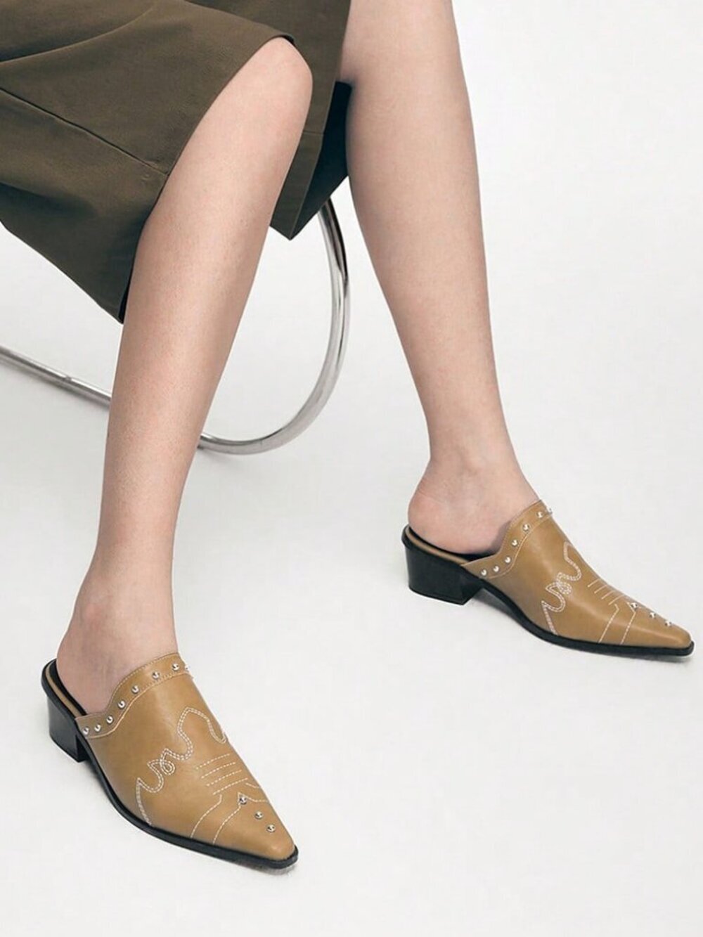 Khaki Casual Women's Studded Decor Pointed Toe High Heel Mules - Picture 3 of 9